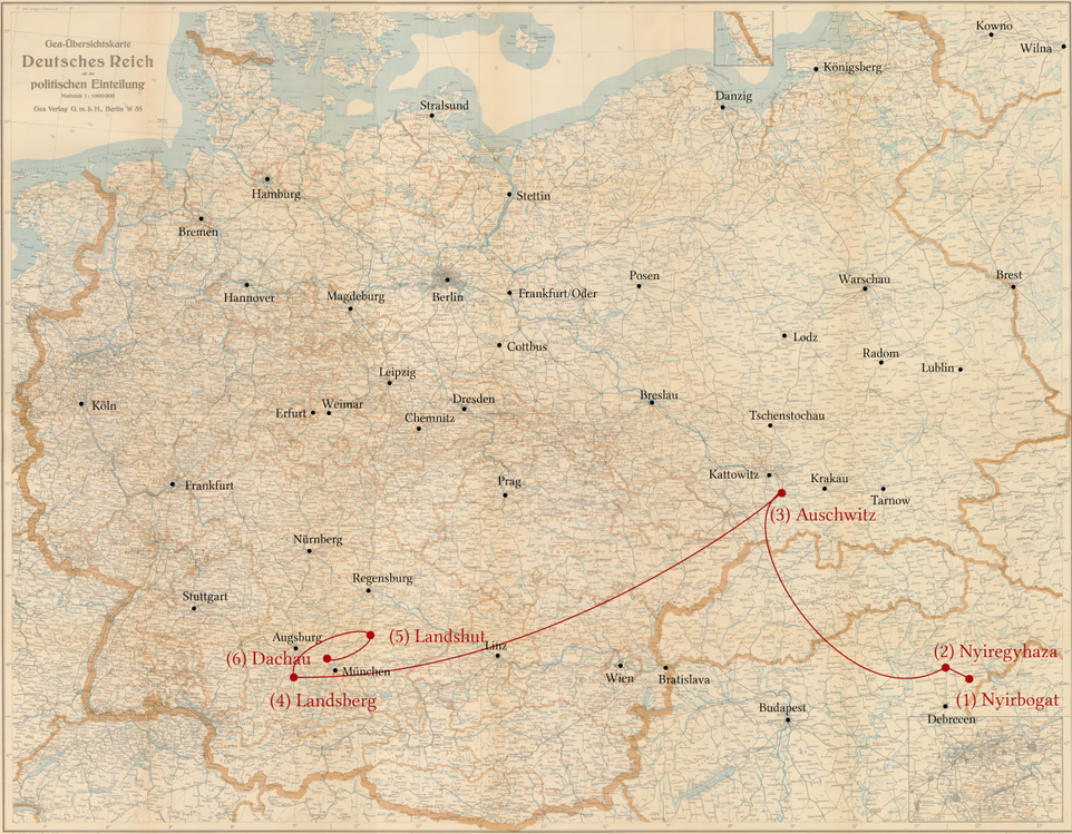 Simon Weisz - Stations of his persecution - Nyiregyhaza ghetto, Auschwitz, Dachau