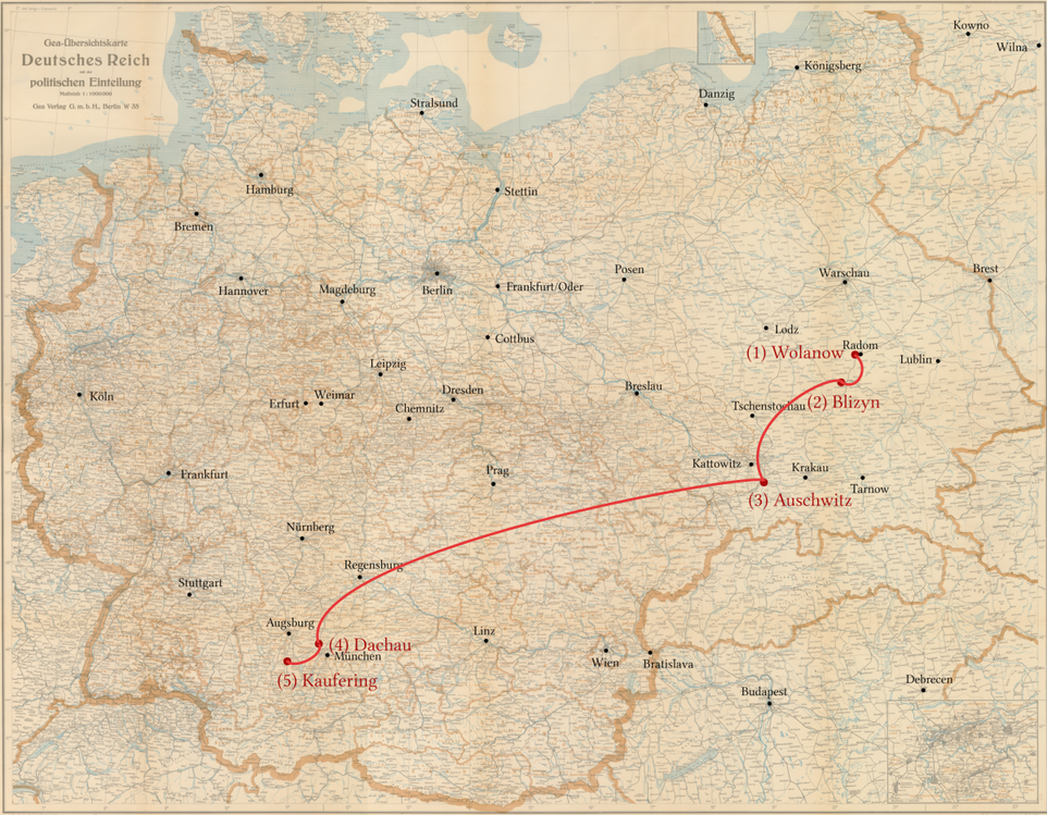 Pinia Berkowicz - Stationen seiner Verfolgung - Wolanow, Blyzin, Auschwitz, Dachau, Kaufering