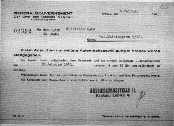 Genehmigung in Krakau bleiben zu dürfen; Quelle: USHMM