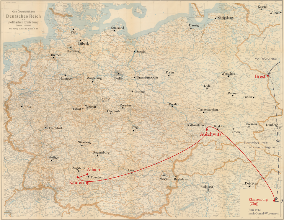 Andreas Nasch - Stationen seiner Verfolgung - Ghetto Klausenburg, KZ Auschwitz, KZ Dachau/Kaufering, KZ Dachau/Allach