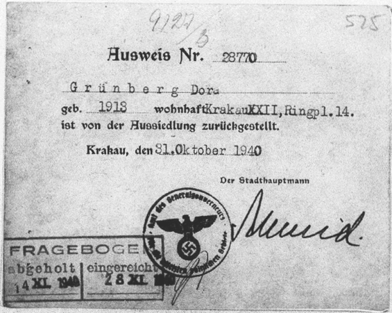 Ausweis Dora Grünberg; Quelle: US Holocaust Memorial Museum