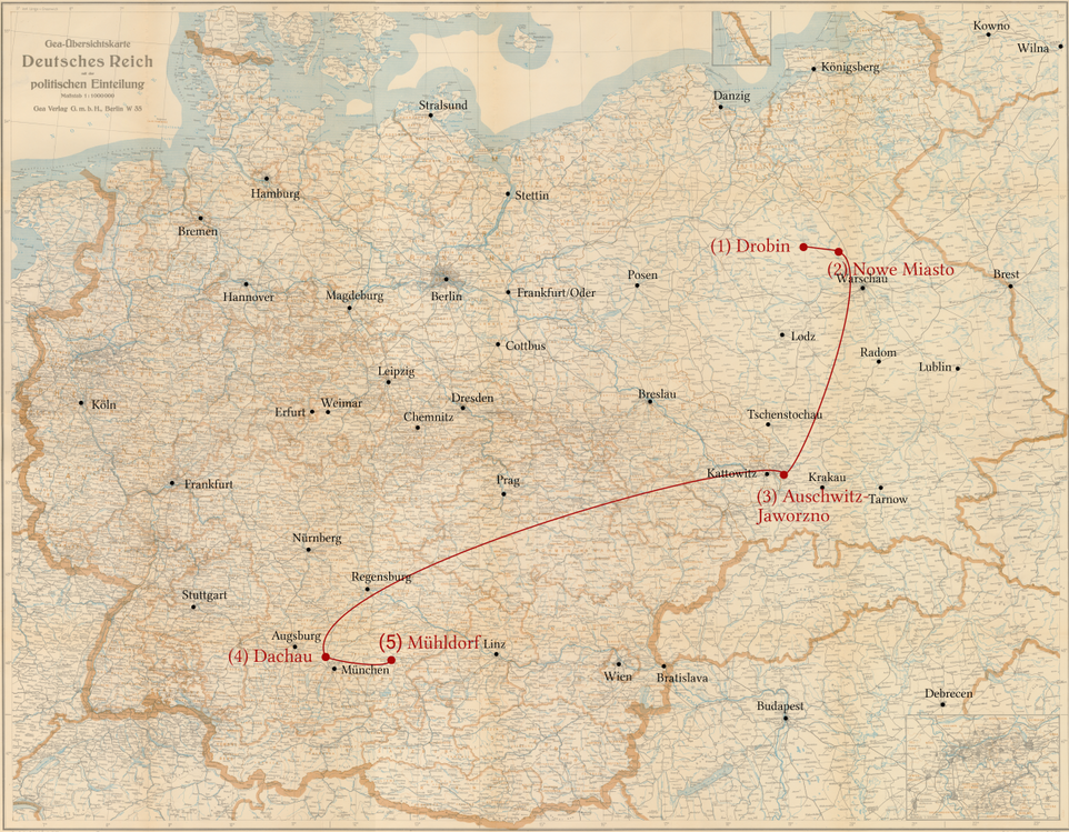 Josef Lask  -  Stationen seiner Verfolgung -  Ghetto Drobin, Neustadt, KZ Auschwitz/Jaworzno, KZ Dachau, KZ Dachau/Mühldorf