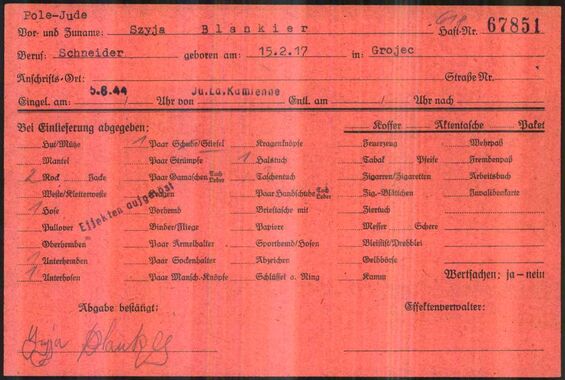 Effektenkarte von Szyja Blankier, KZ Buchenwald, Quelle: Arolsen Archives, Doc-Id: 5551570