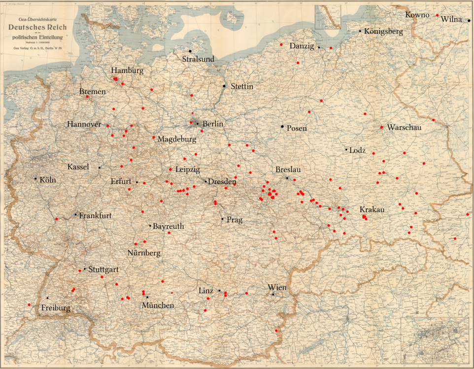 Map of forced labour and concentration camps mentioned
