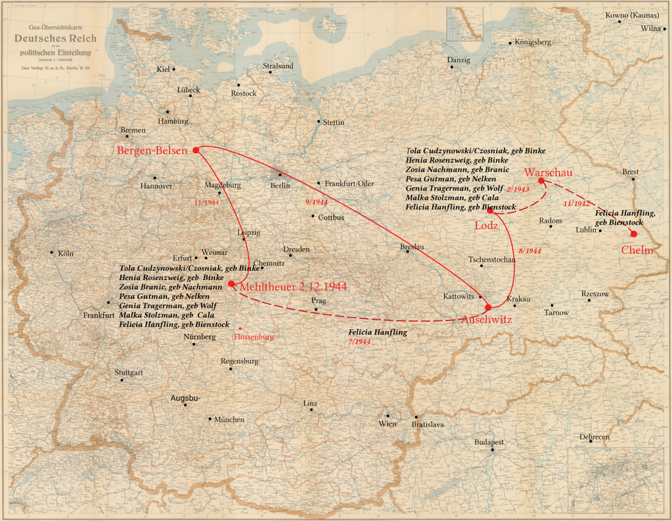 Tola Cudzynowski - Stationen ihrer Verfolgung - Ghetto Lodz,KZ  Auschwitz, KZ Bergen Belsen, KZ Flossenbürg/(Mehlteuer