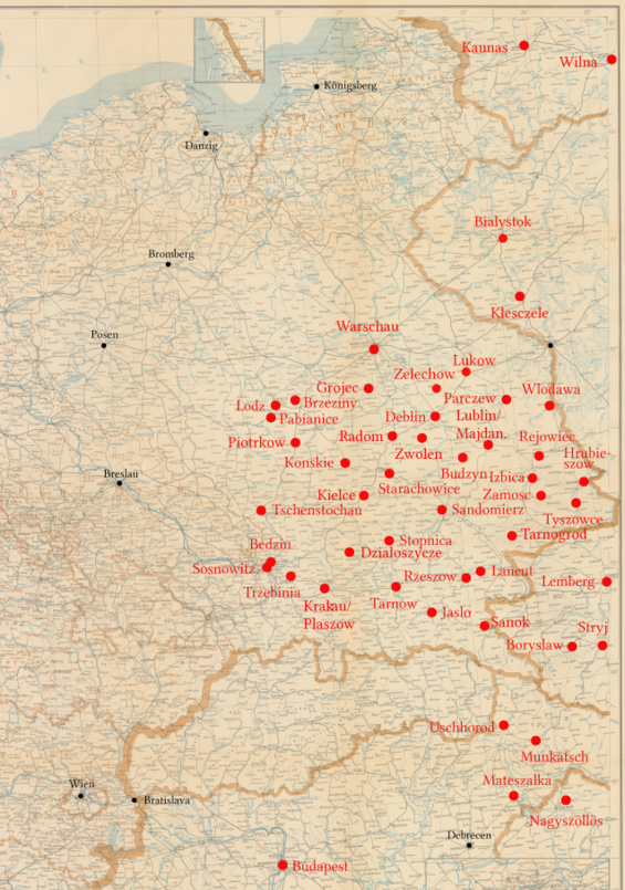 Karte mit einer Auswahl der in den Akten erwähnten Ghettos