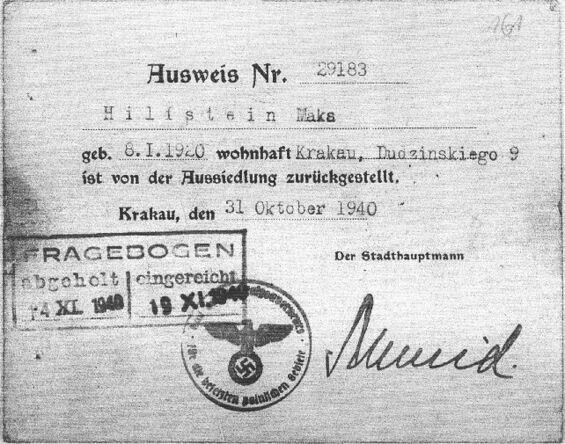 Ausweis des Maks Hilfstein; Quelle: USHMM