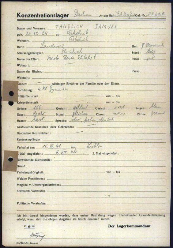 Dachau; Quelle: Individuelle Häftlings Unterlagen - KL Dachau 1.1.6.2/10334247/ITS Digital Archive, Arolsen Archives