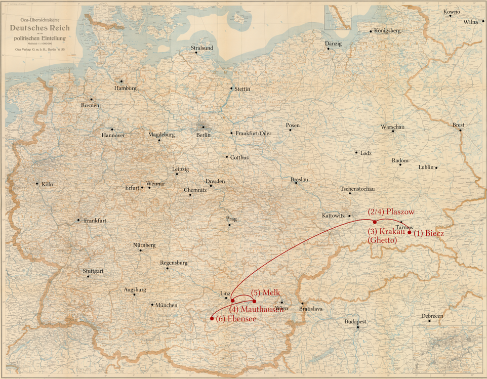 Samuel Halpern - Stationen seiner Verfolgung - Ghetto Biecz, KZ Plaszow, KZ Mauthausen, KZ nMelk, KZ Ebensee