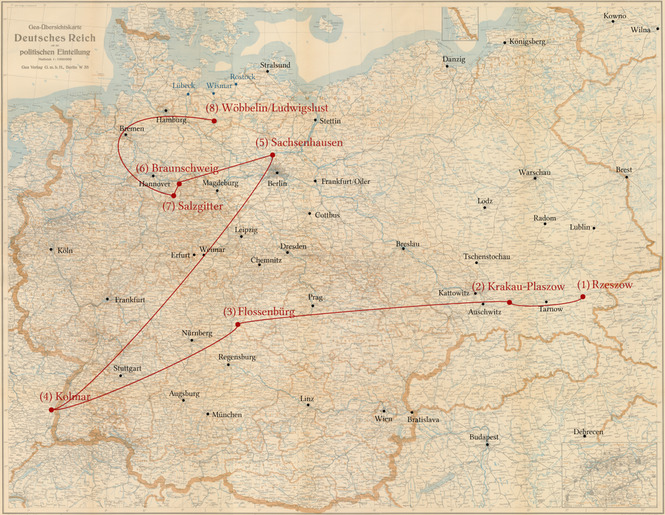 Abraham Schneps: Stationen seiner Verfolgung - Ghetto Rezszow, KZ Plaszow, KZ Flossenbürg, KZ Natzweiler/Kolmar, KZ Sachsenhausen, KZ Neuengamme/Braunschweig, KZ Neuengamme/Ludwigslust
