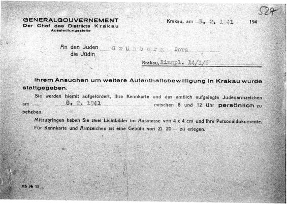 Aufenthaltsgenehmigung für das Ghetto Krakau (=keine Deportation); Quelle: US Holocaust Memorial Museum