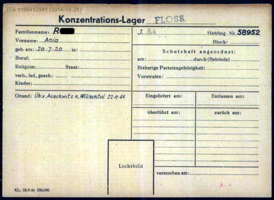 Häftlingskarte Ania R.; Quelle: Gedenkstätte Flossenbürg