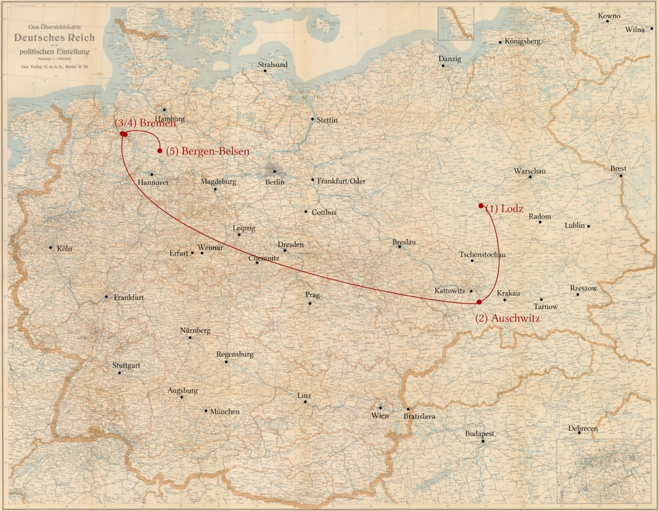Pauline Landsberg - Stationen ihrer Verfolgung  - Ghetto Lodz, KZ Auschwitz, KZ Bergen Bellsen, KZ Neuengamme/Bremen hindenburgkaserne