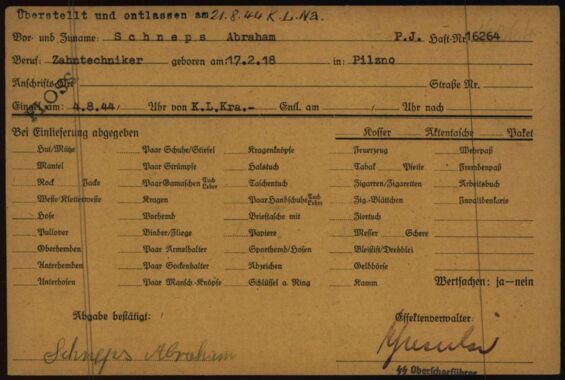 Abraham Schneps, Effektenkarte Flossenbürg
