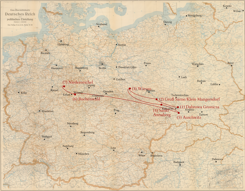 Berek Blatt - Stations of his persecution - Dabrowa, Auschwitz, Niederorschel, Buchenwald