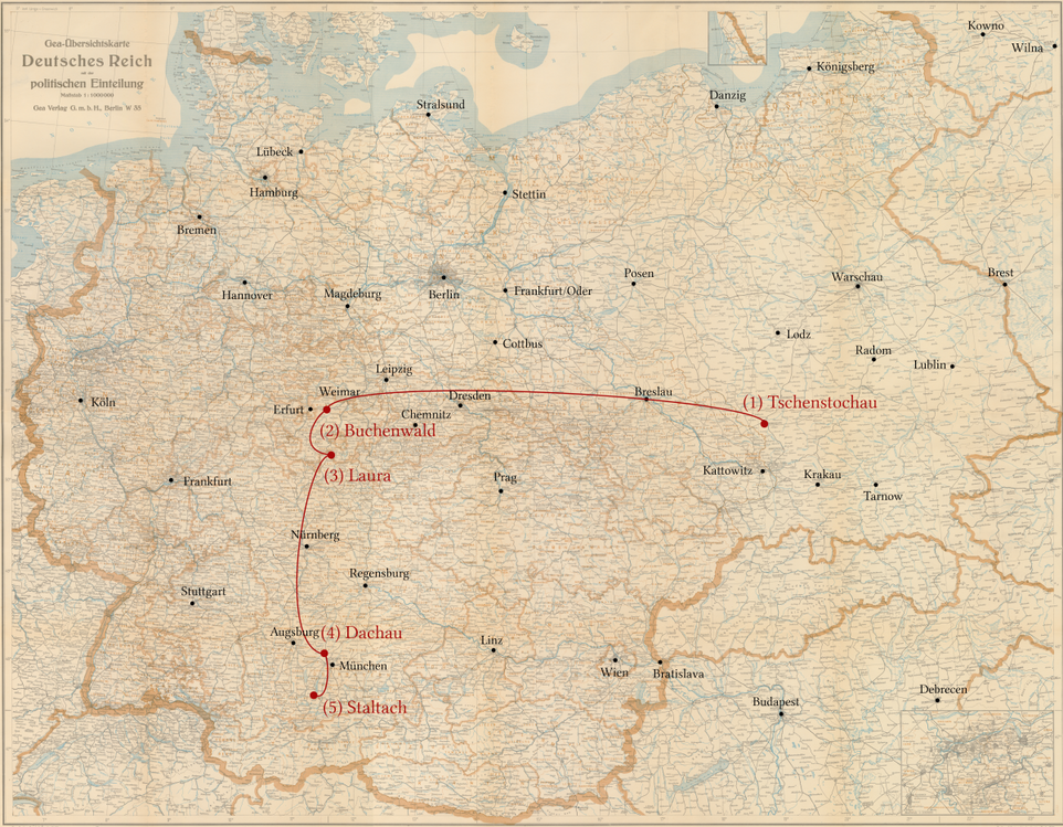 Abraham Gelbart - Stationen seiner Verfolgung - Ghetto Tschenstochau, KZ Buchenwald, KZ Laura, KZ  Dachau, Staltach