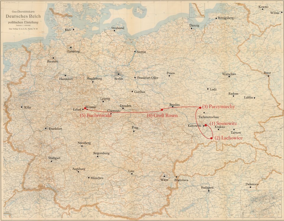 Max Frenkel - Stations of his persecution - Sosnowitz, Parzymiechy, Groß Rosen, Buchenwald