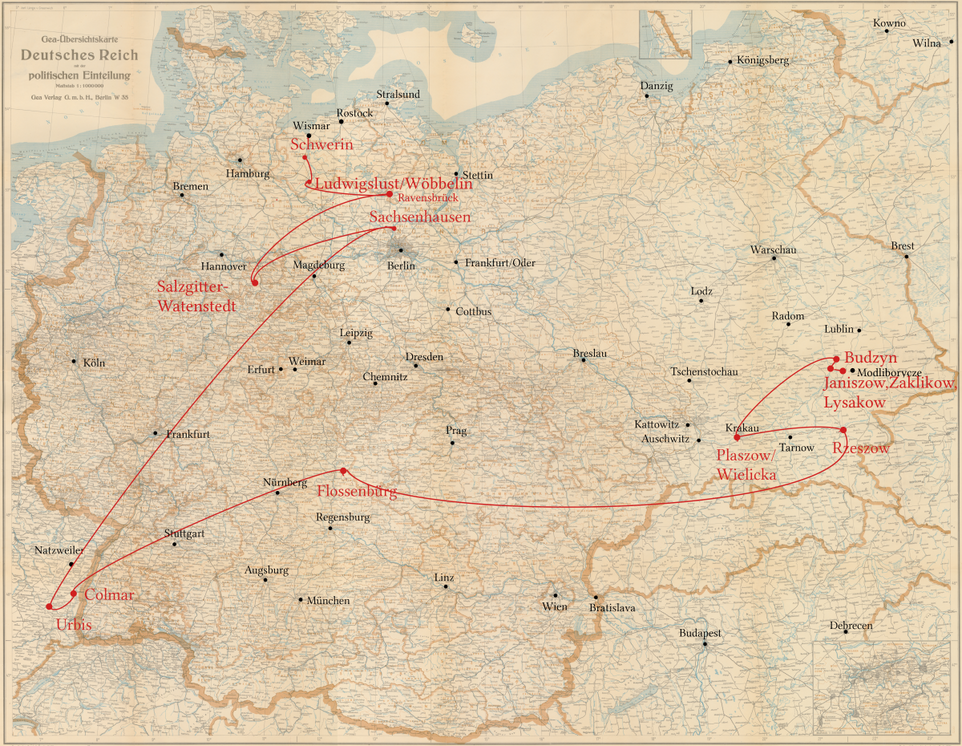 Harry Dymbort  -  Stationen seiner Verfolgung - Budzyn, Plaszow, KZ Flossenbürg, KZ Natzweeiler/Colmar, KZ Sachsenhausen, Ludwigslust