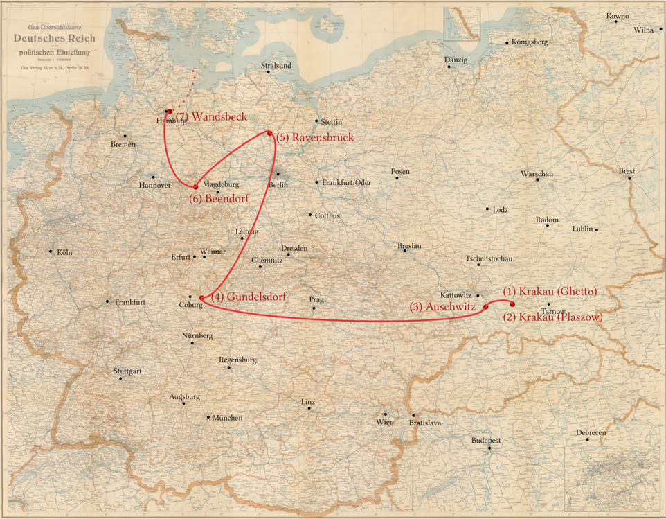 Dora Ganzweich  -  Stationen ihrer Verfolgung - Ghetto Krakau,  KZ PLszow, KZ Auscxhitz, KZ Flossenbürg/Gundelsdorf, KZ Ravensbrück,. KZ Neuengamme/Beendorf, KZ Neuengamme/Wandsbeck