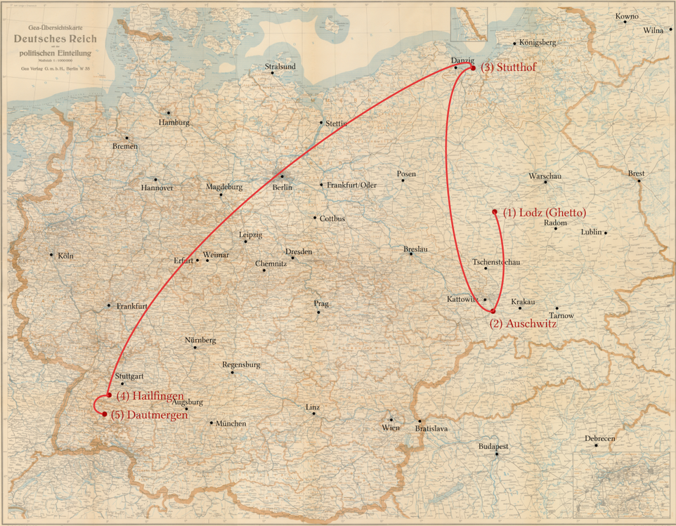 Moniek Dymant - Stations of his persecution - Lodz ghetto, Auschwitz, Stutthof, Hailfingen, Dautmergen