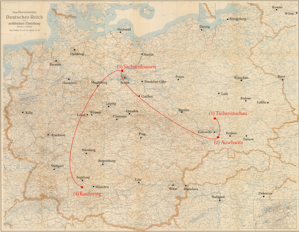 Max Kleinmann - Stations of his persecution - Tschenstochau, Auschwitz, Sachsenhausen, Kaufering