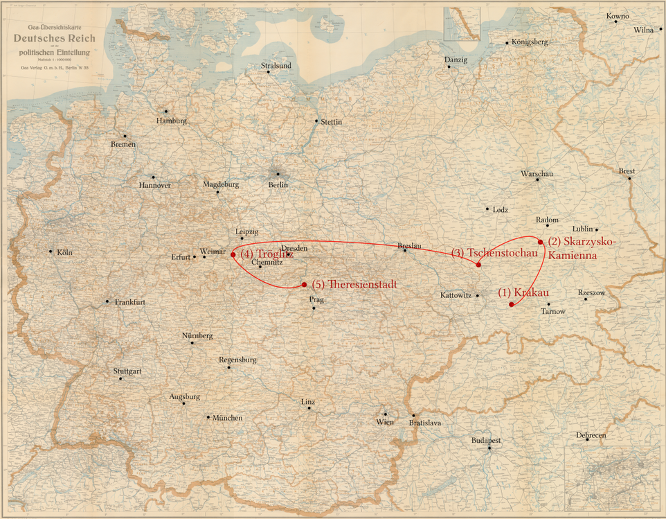 Abraham Rimler - Stations of his persecution - Krakau ghetto, Skarzysko, Tschenstochau, TRöglitz, Theresienstadt