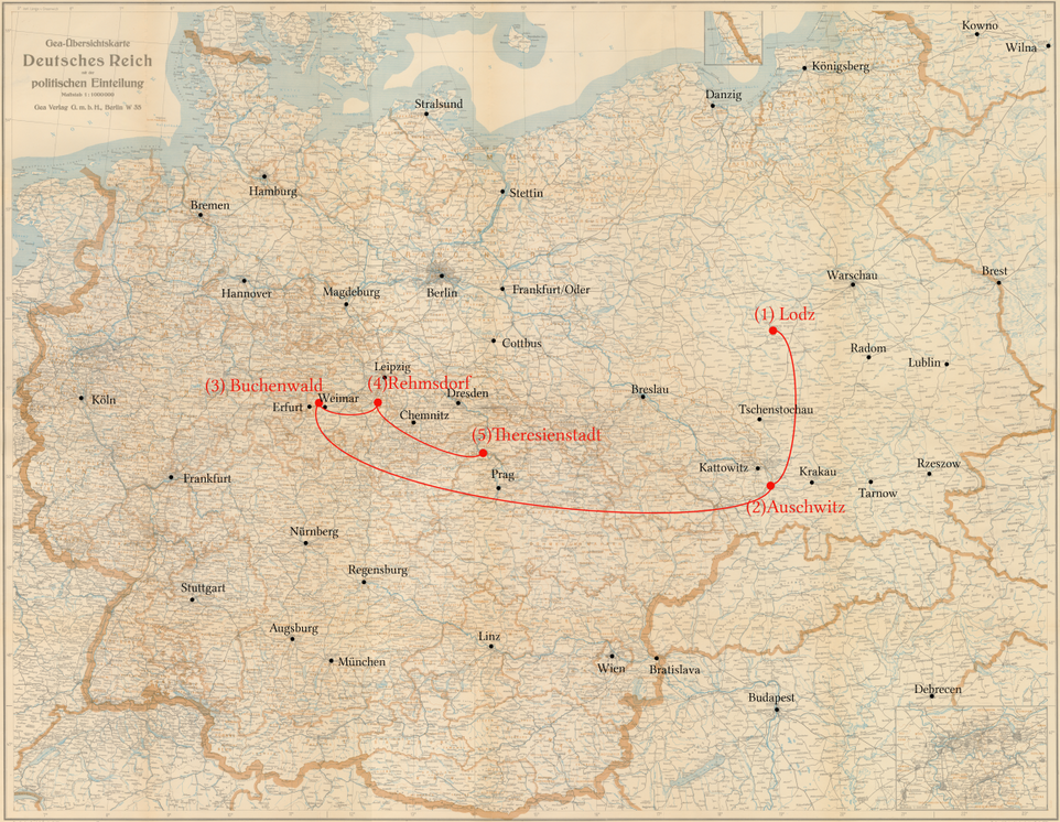 Sam Binke - Stations of his persecution  - Lodz,  Auschwitz, Buchenwald, Reimsdorf, Theresienstadt/Terezin