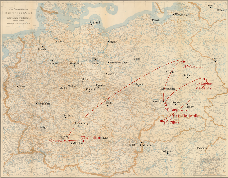 Samuel Tandlich - Stations of his persecution - Piekielnik, Majdanek, Auschwitz,  Warschau, Dachau, Mühldorf